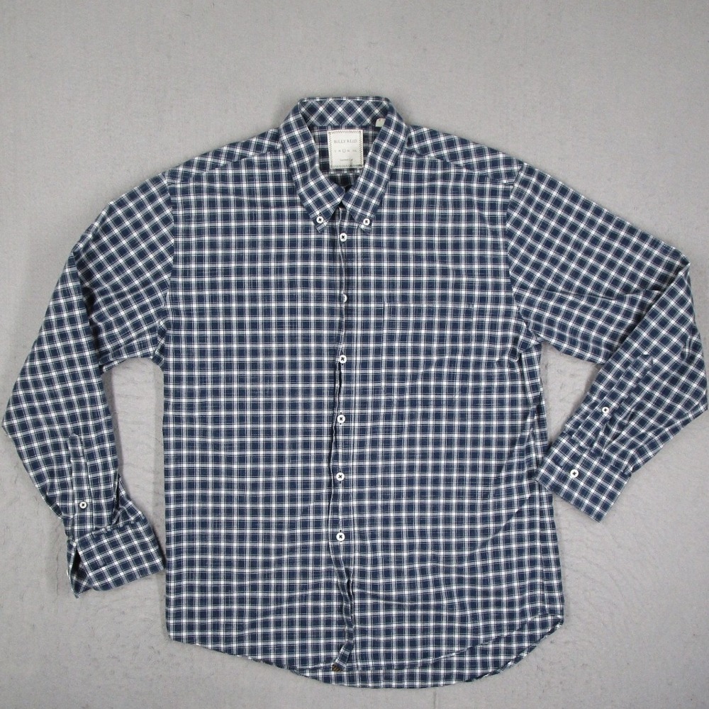 Billy Reid Mens Standard Cut Plaid Button Down Shirt Navy White Size Large L